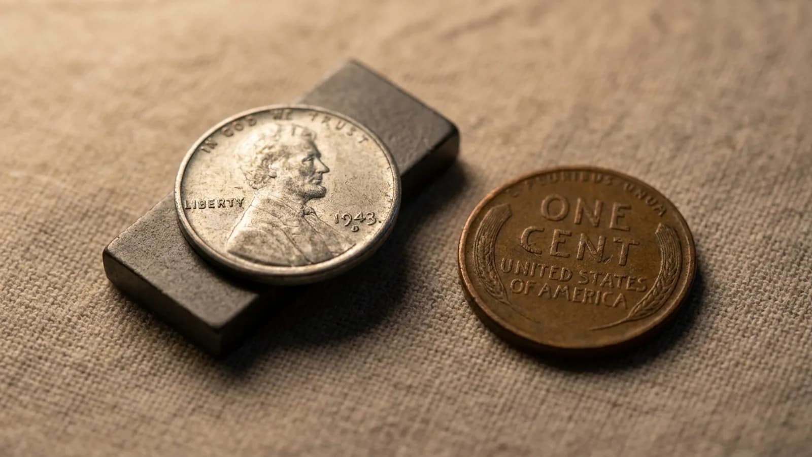A 1943 steel cent sticking to a magnet next to a non-magnetic copper cent
