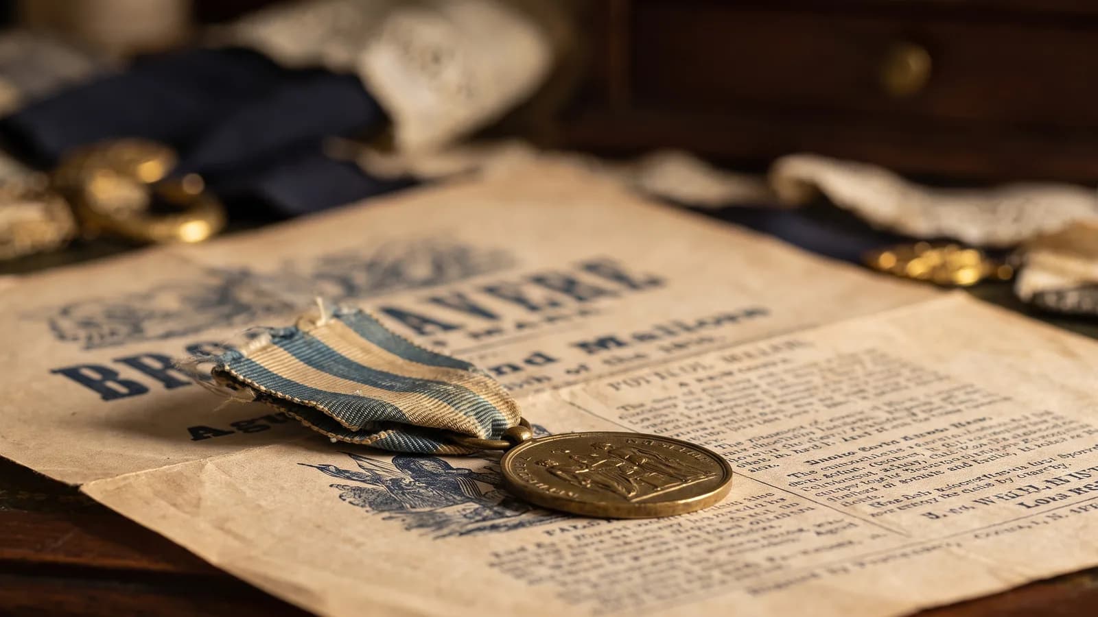 A brass medalet with a faded ribbon on an old broadside