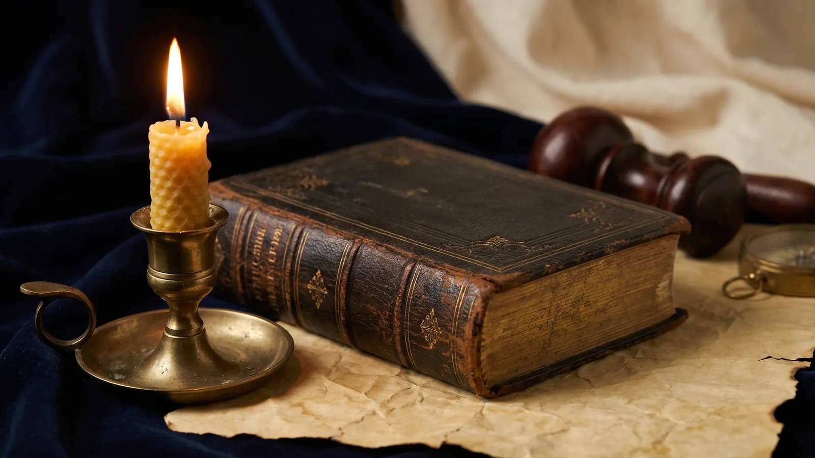 A single lit candle beside a worn antique book on parchment