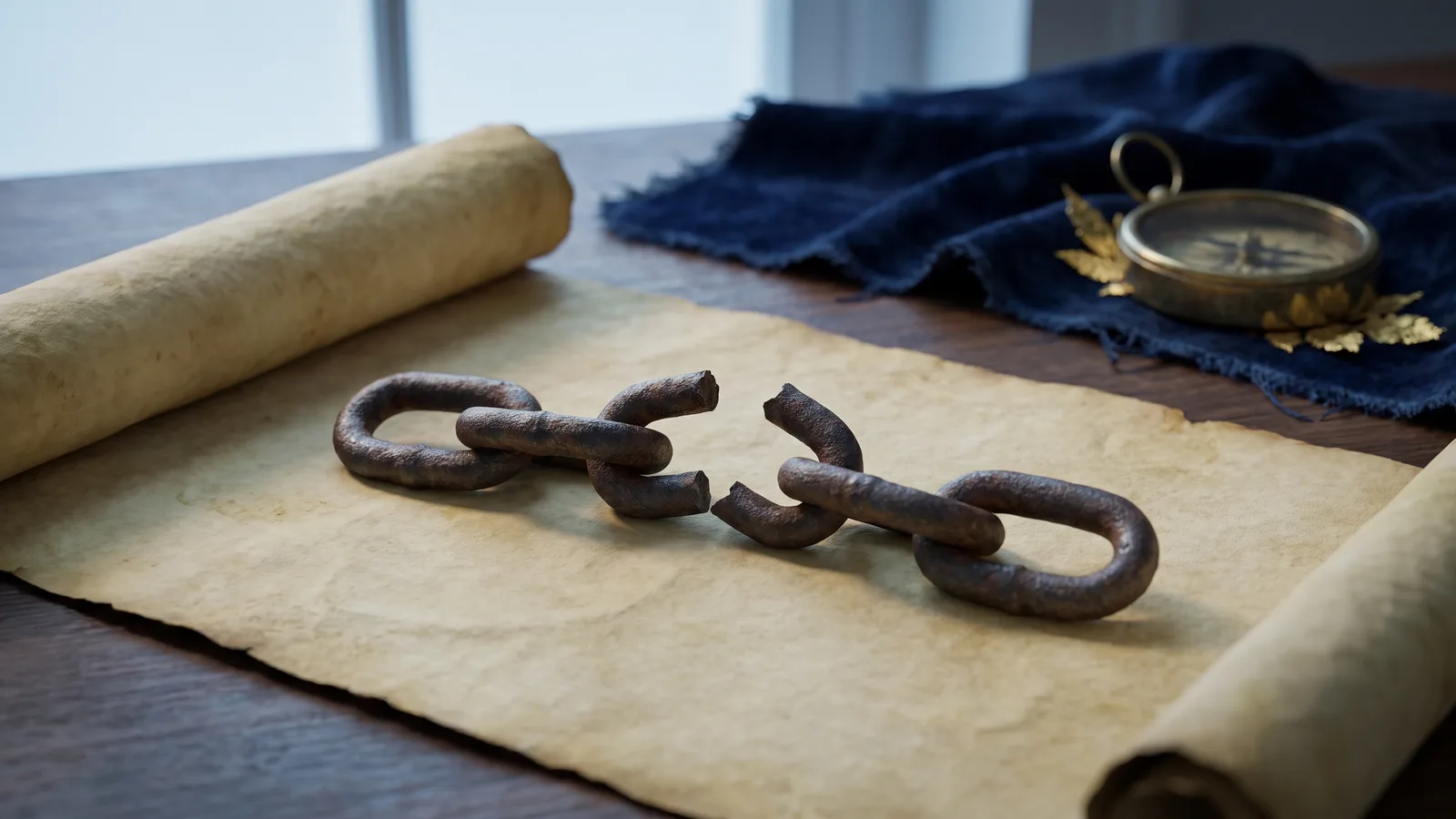 A broken iron chain link resting on aged parchment