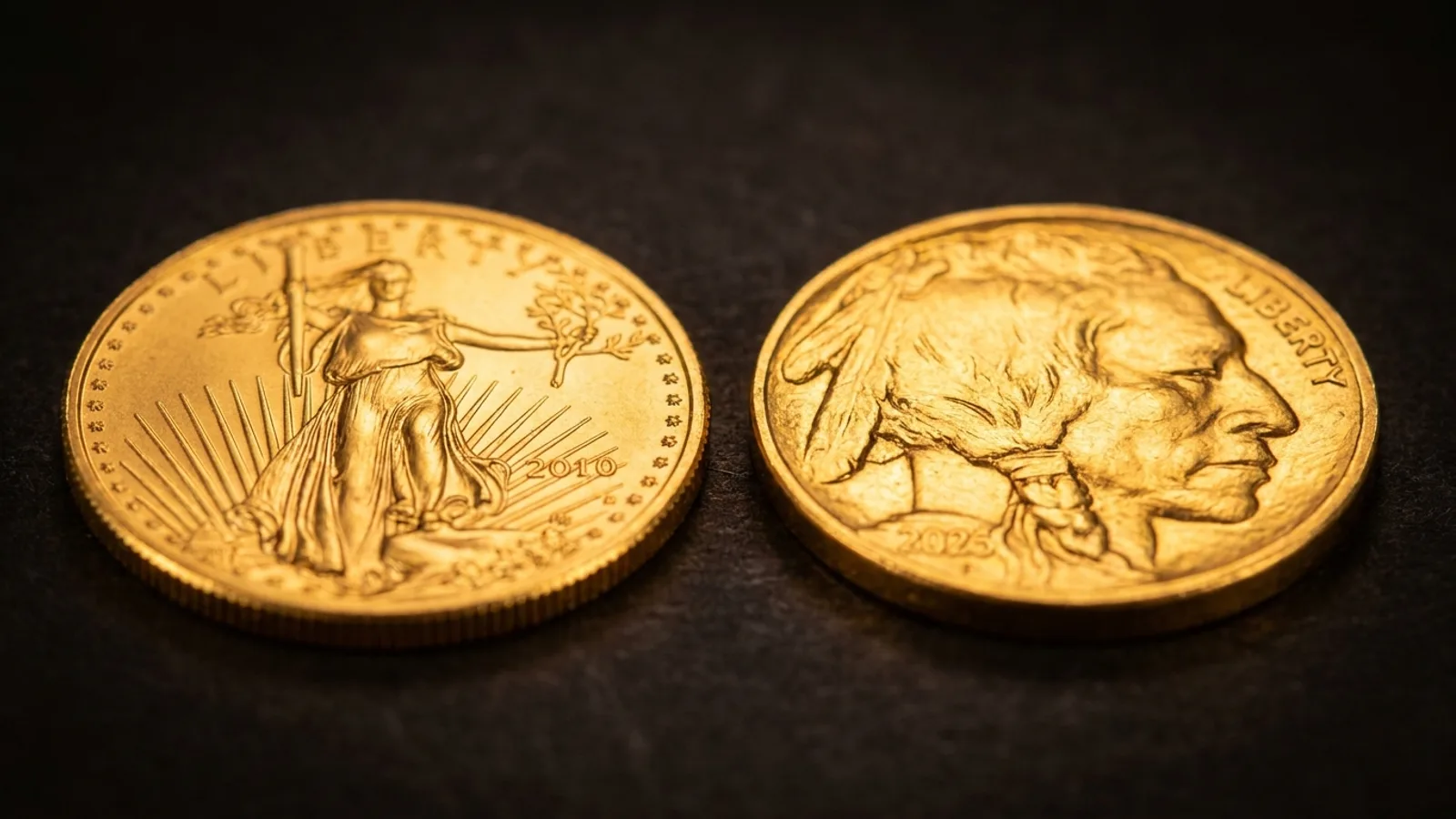 An American Gold Eagle and a Gold Buffalo coin side by side