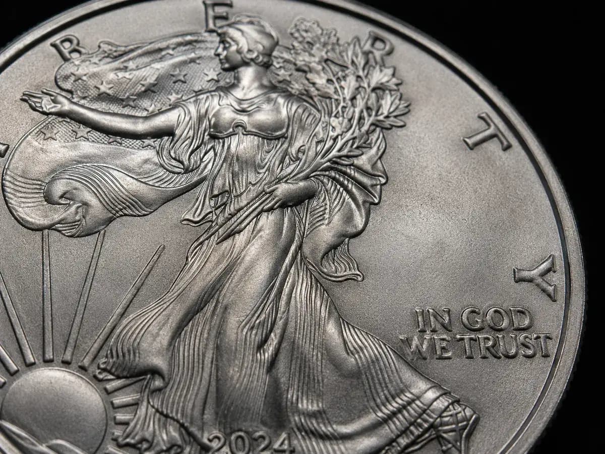 An American Silver Eagle obverse showing the Walking Liberty design
