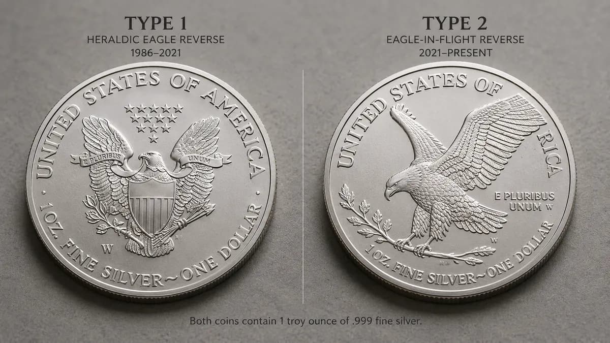The Type 1 heraldic eagle reverse beside the Type 2 eagle-in-flight reverse of a Silver Eagle
