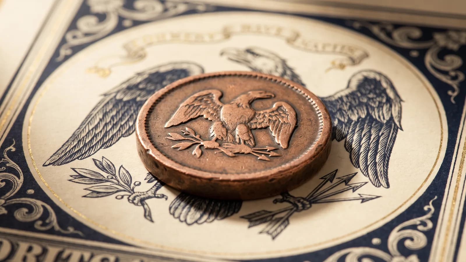 A large copper token on a faded political engraving