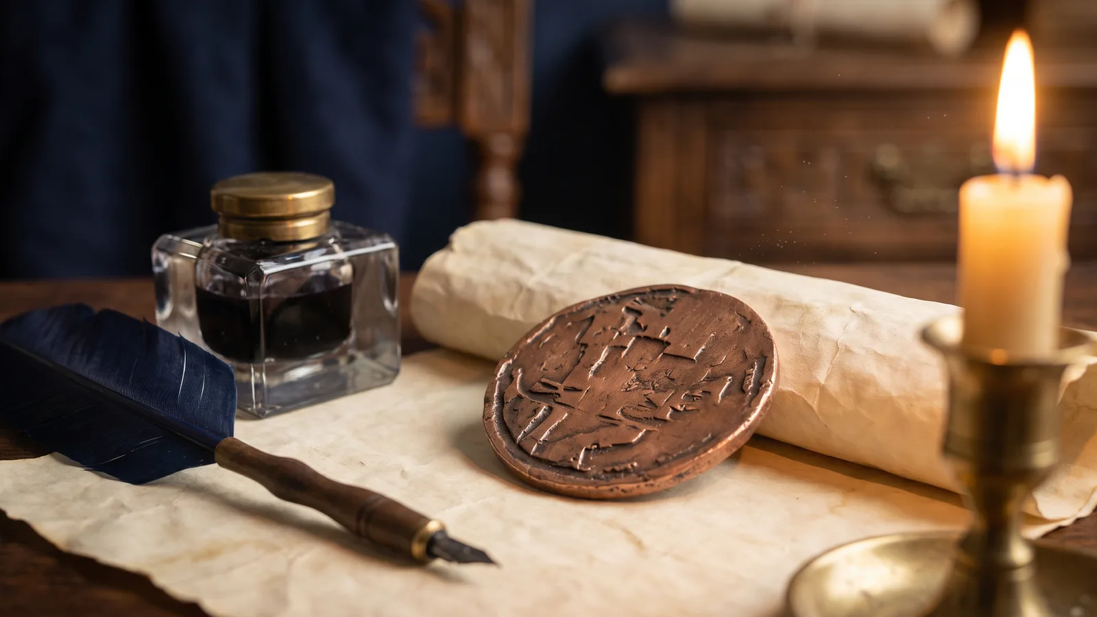 A copper token beside a quill and inkwell on parchment