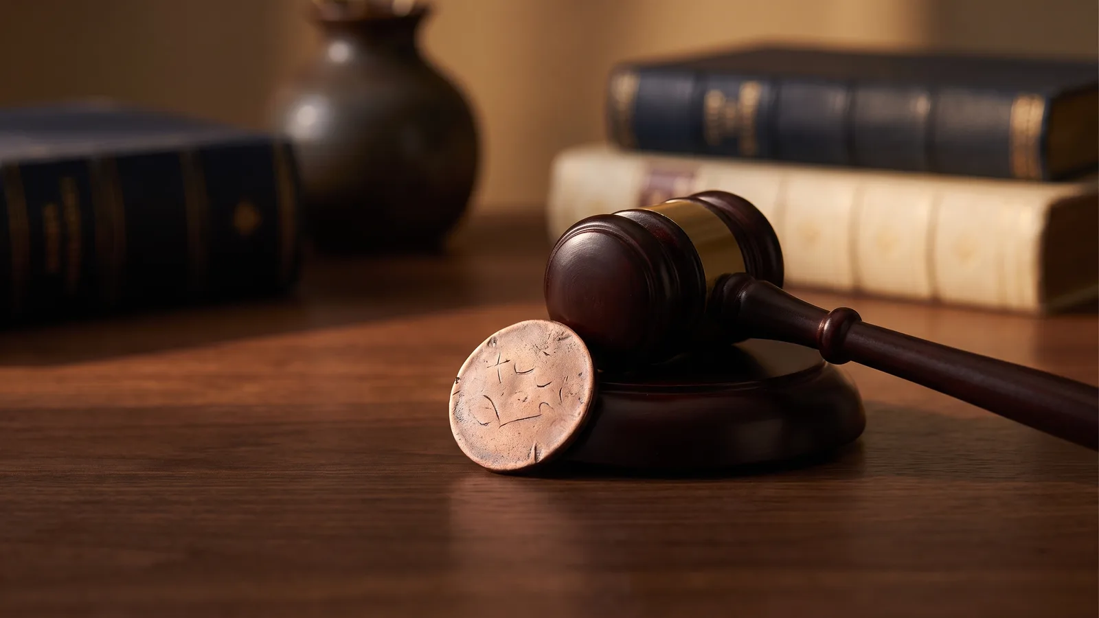 A copper token beside a wooden gavel