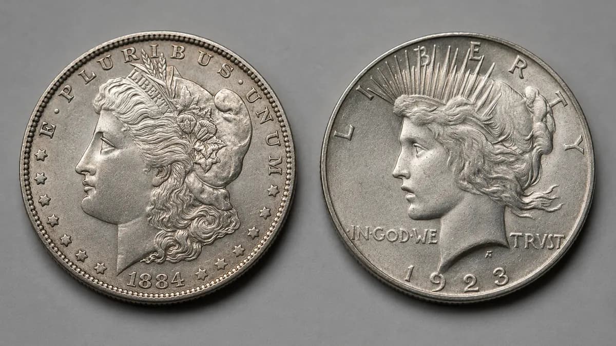 A Morgan silver dollar and a Peace silver dollar side by side