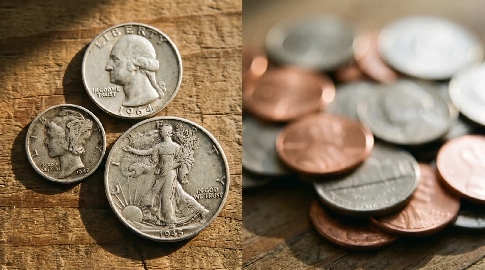 A few pre-1965 silver coins set aside from a pile of common pocket change