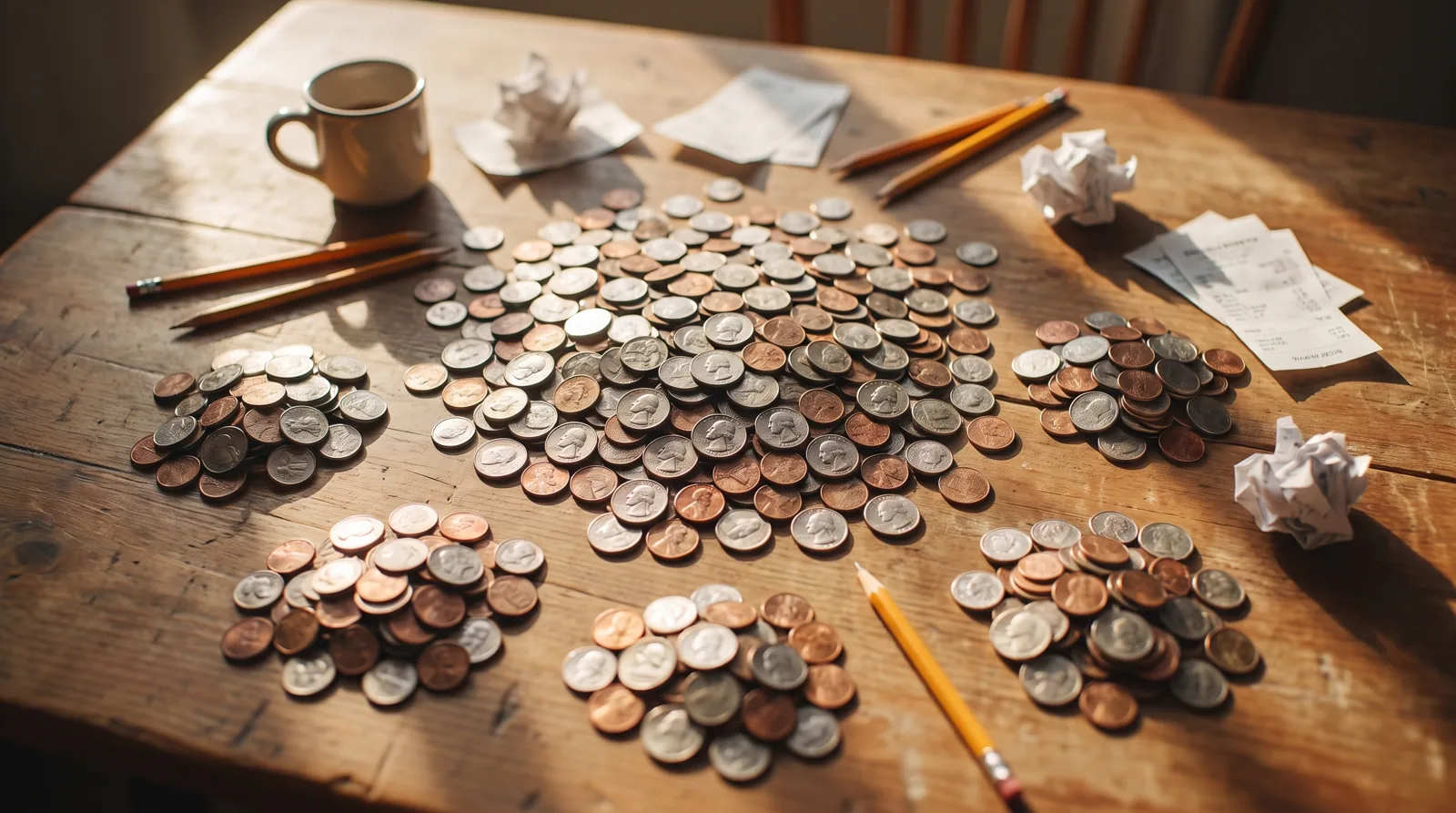 Common circulated coins sorted into rough piles on a table