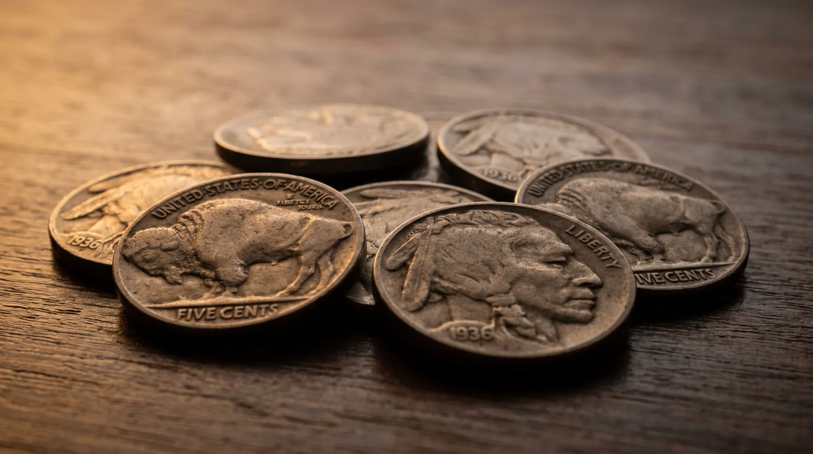 A small pile of Buffalo nickels showing the Indian head and bison designs