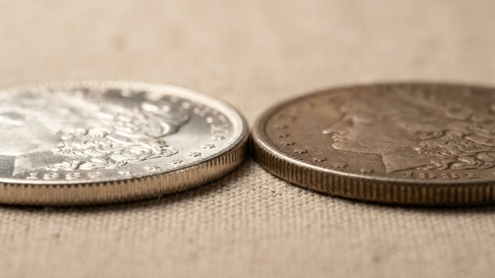 Two same-grade coins side by side showing different eye appeal and luster