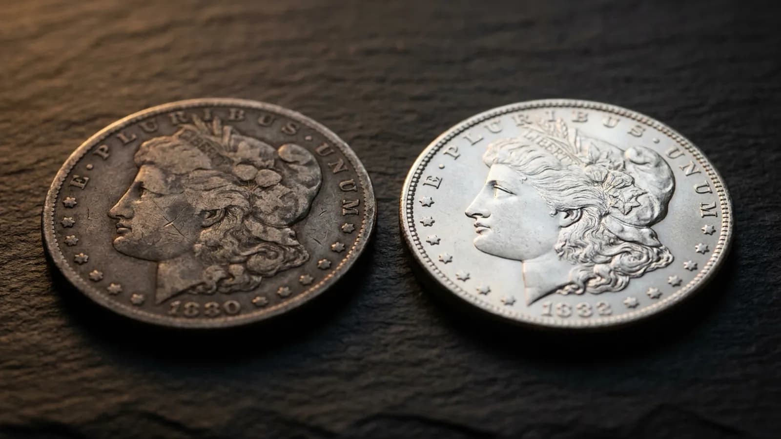 A worn circulated coin beside a sharp mint-state example for grade comparison