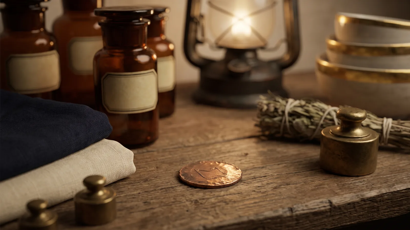 A copper token among antique apothecary jars and shop goods