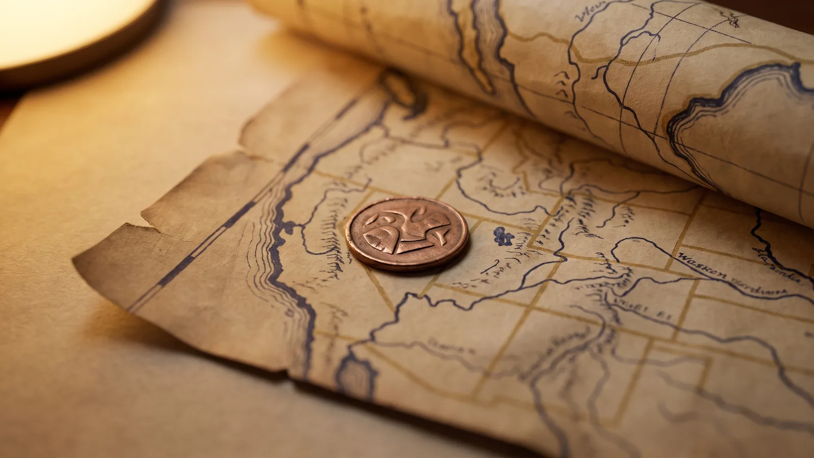 A copper token resting on an antique regional map