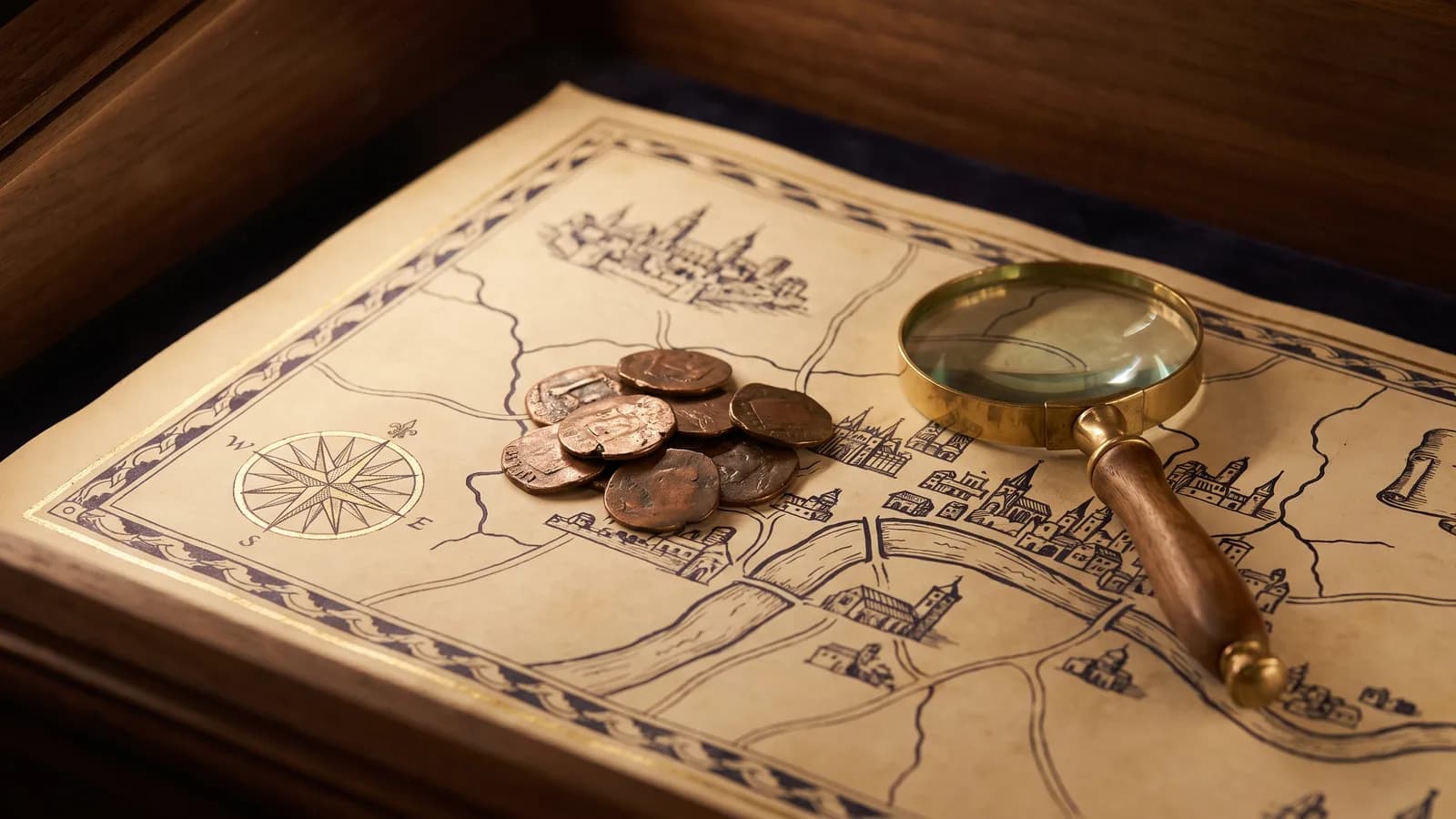 Copper tokens clustered over a city area of an old map