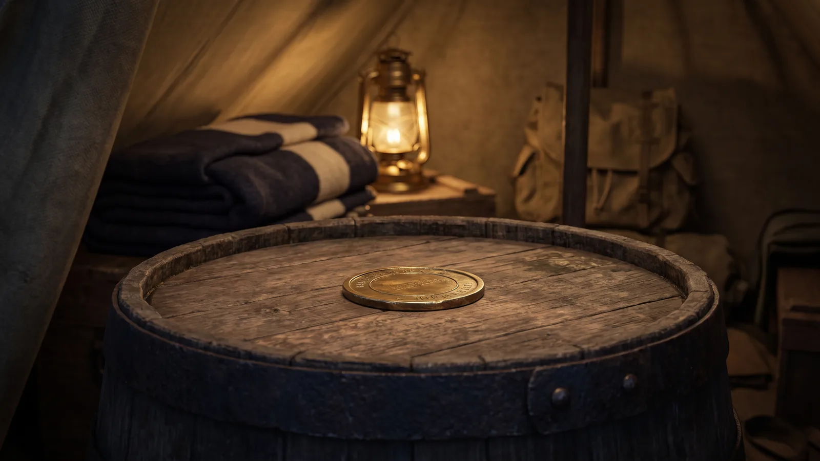 A brass token on a wooden barrel head inside a canvas tent