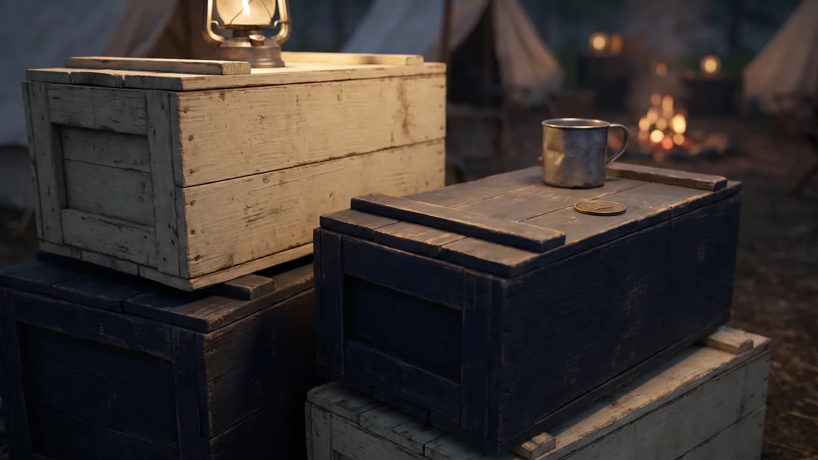 Civil War camp supply crates with a small token on a crate lid