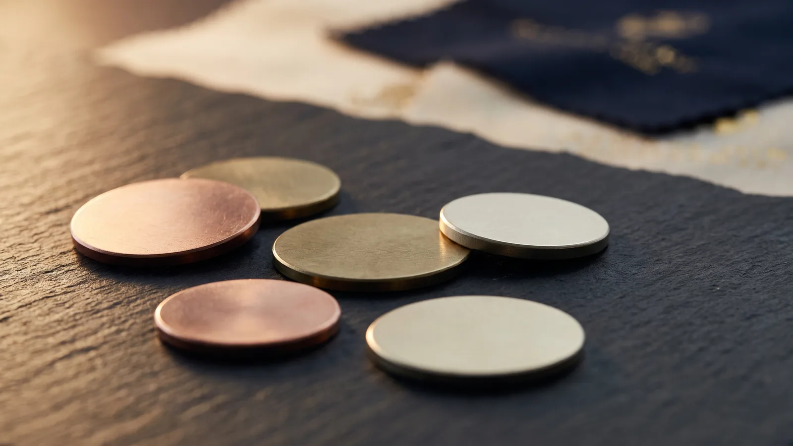 Discs of copper, brass and silvery alloy on slate