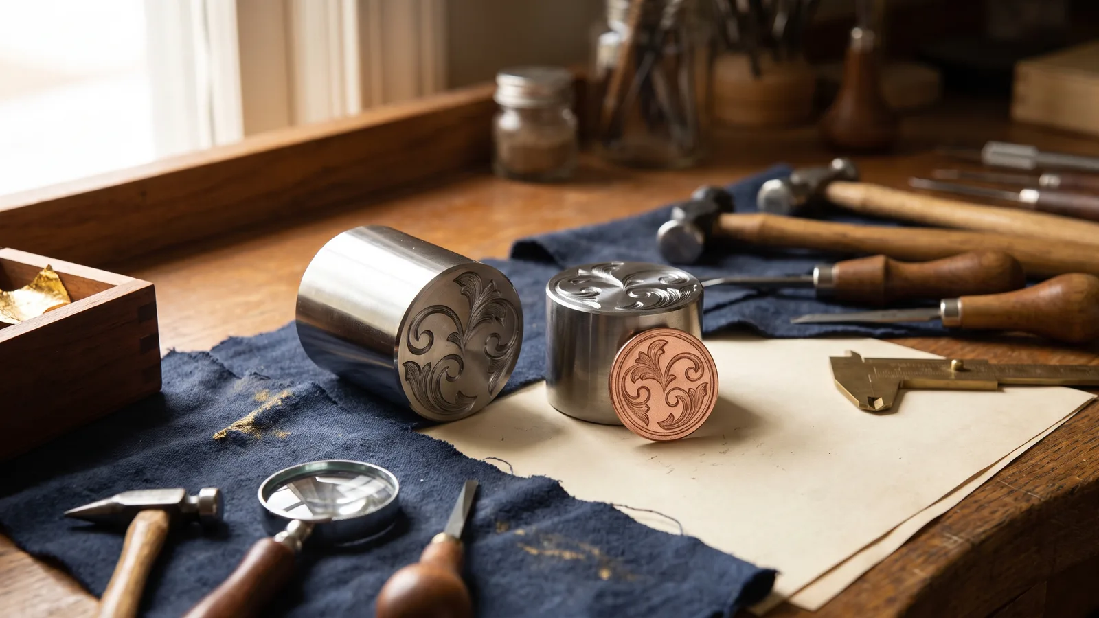 Two steel dies and a struck token on a workbench
