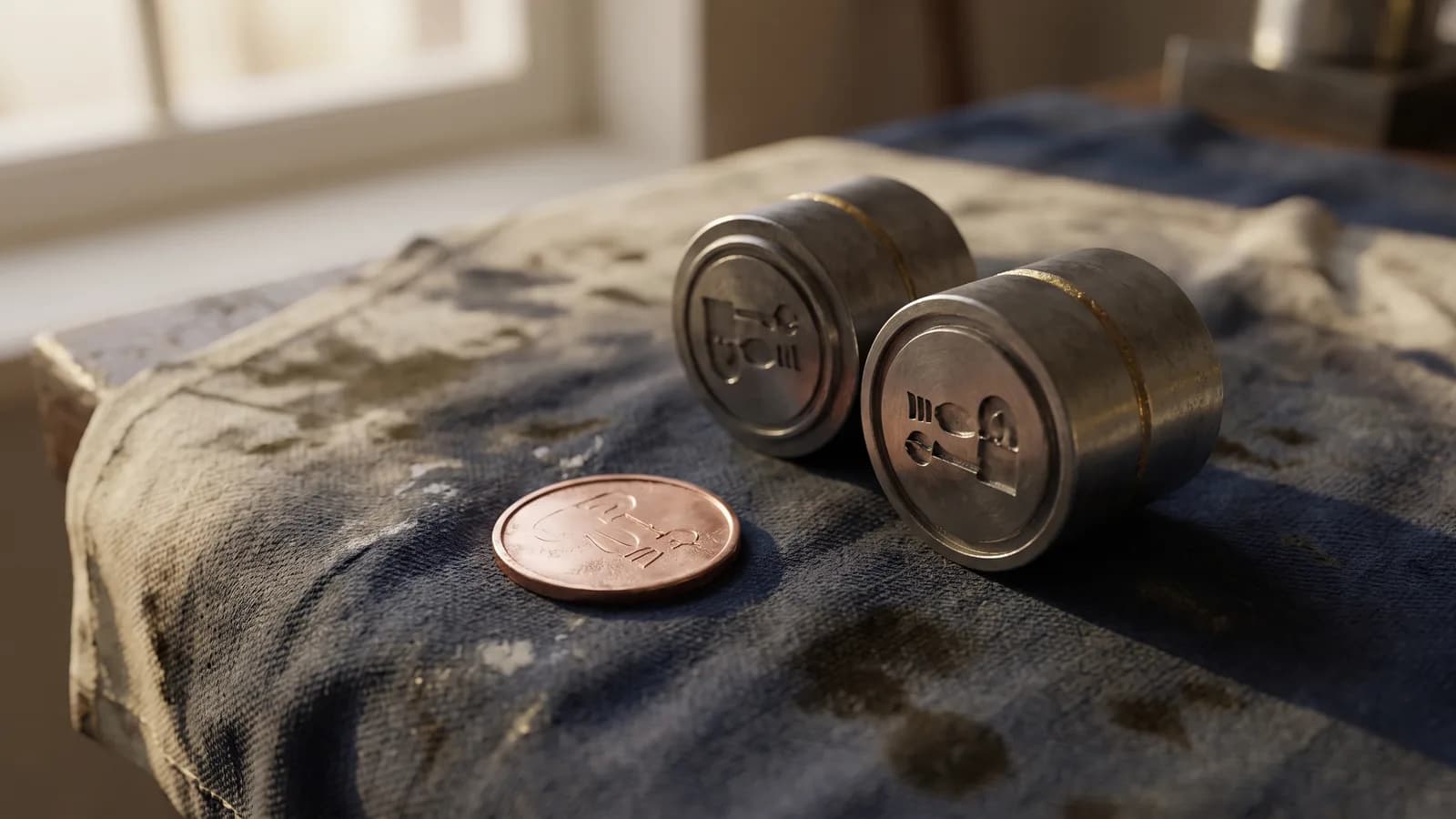 A copper token beside two different die faces