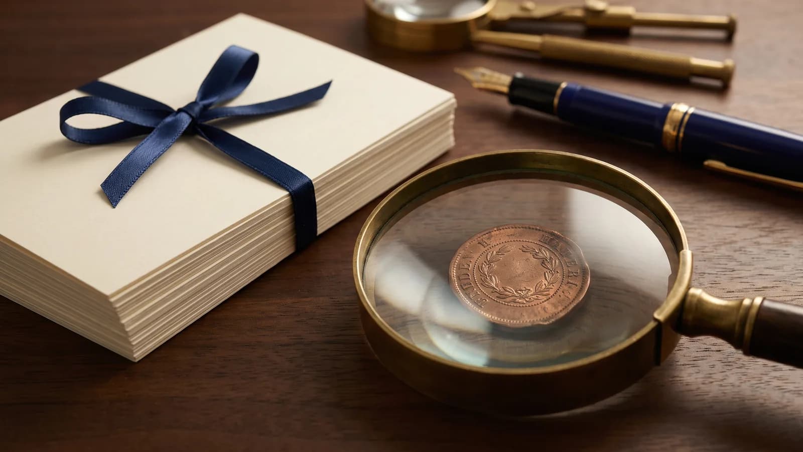 A magnifying glass over a copper token beside blank note cards