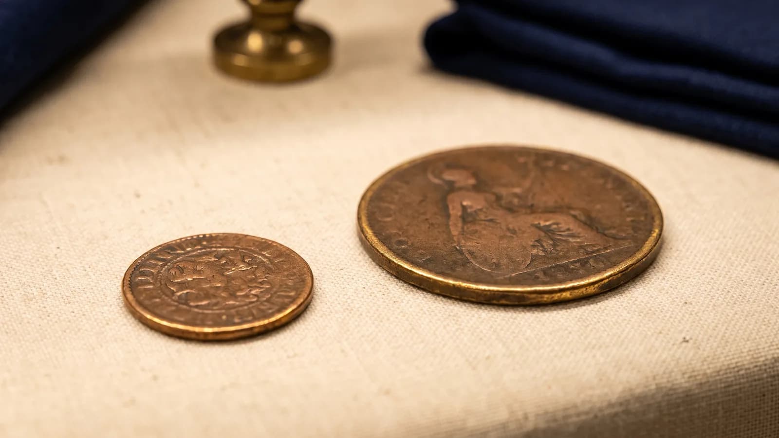 A small token and a larger copper coin side by side for scale