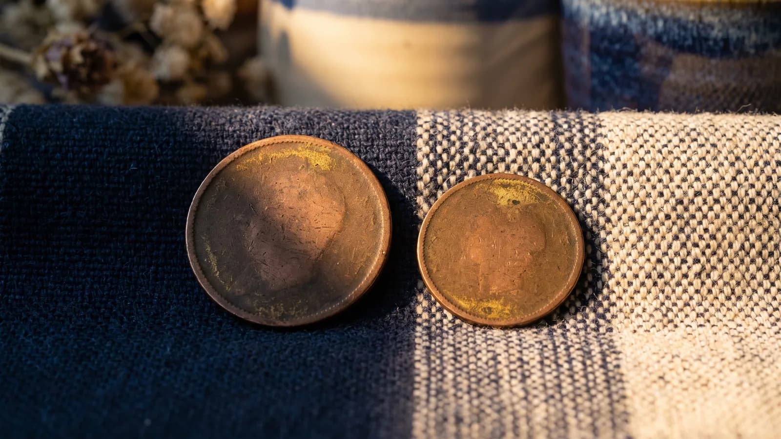Two copper pieces on a split light and dark surface