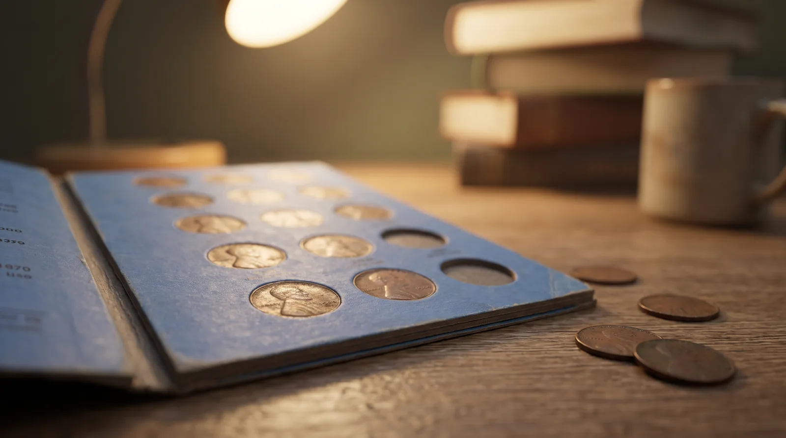 An open coin folder being filled with a date set of coins