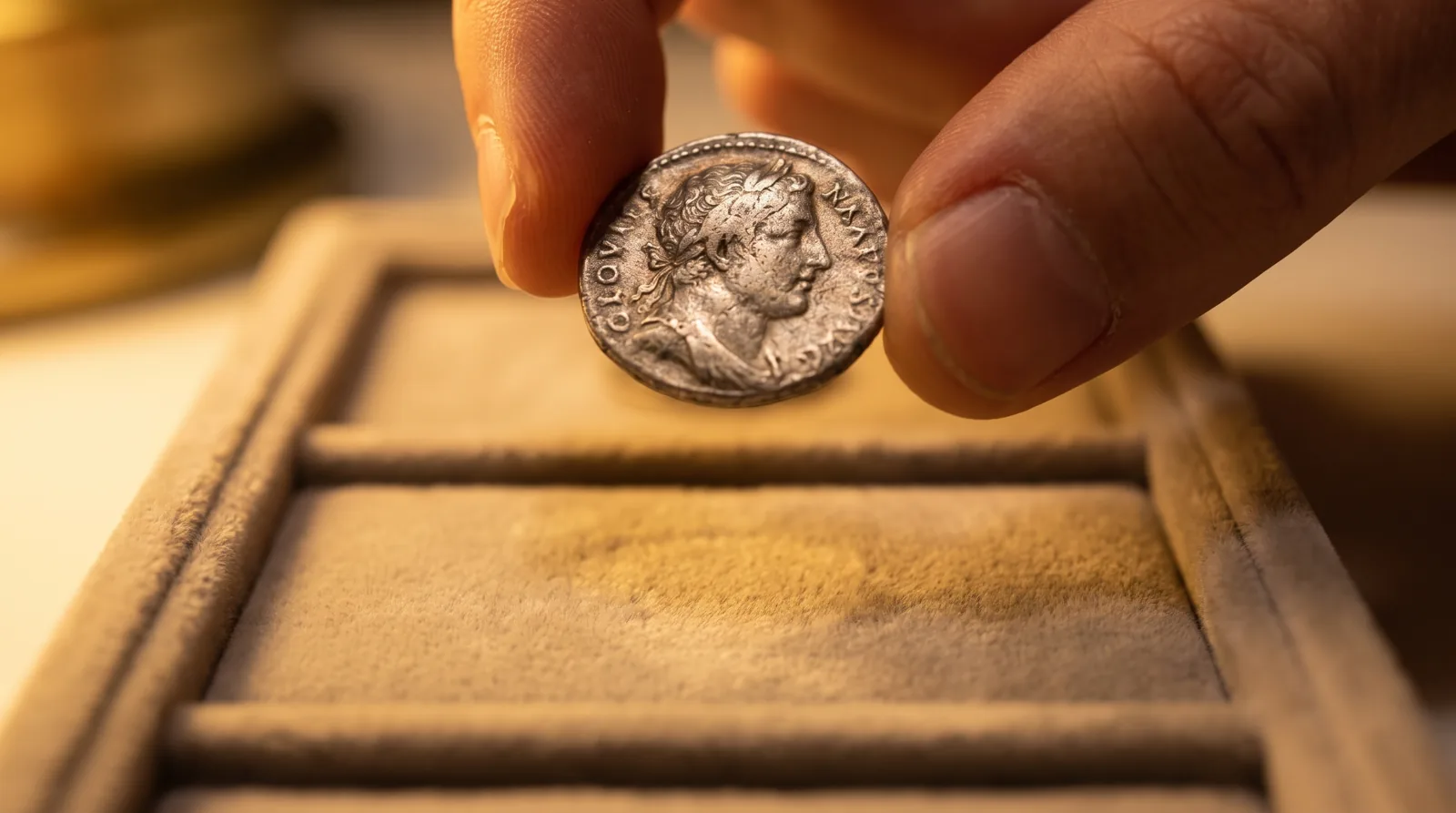 A coin held carefully by its edges above a soft pad