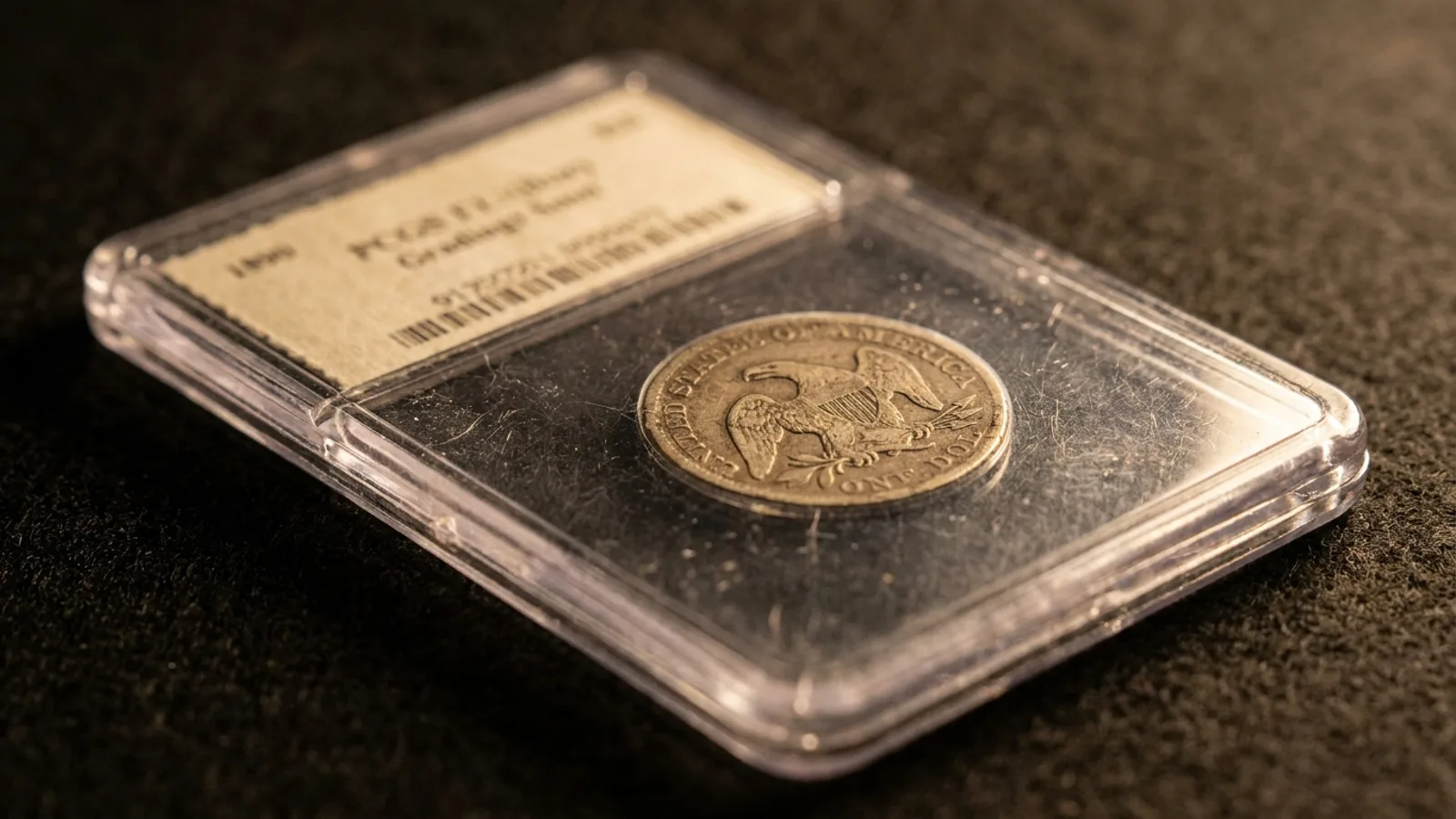A certified coin in a grading slab with a verification sticker on the label