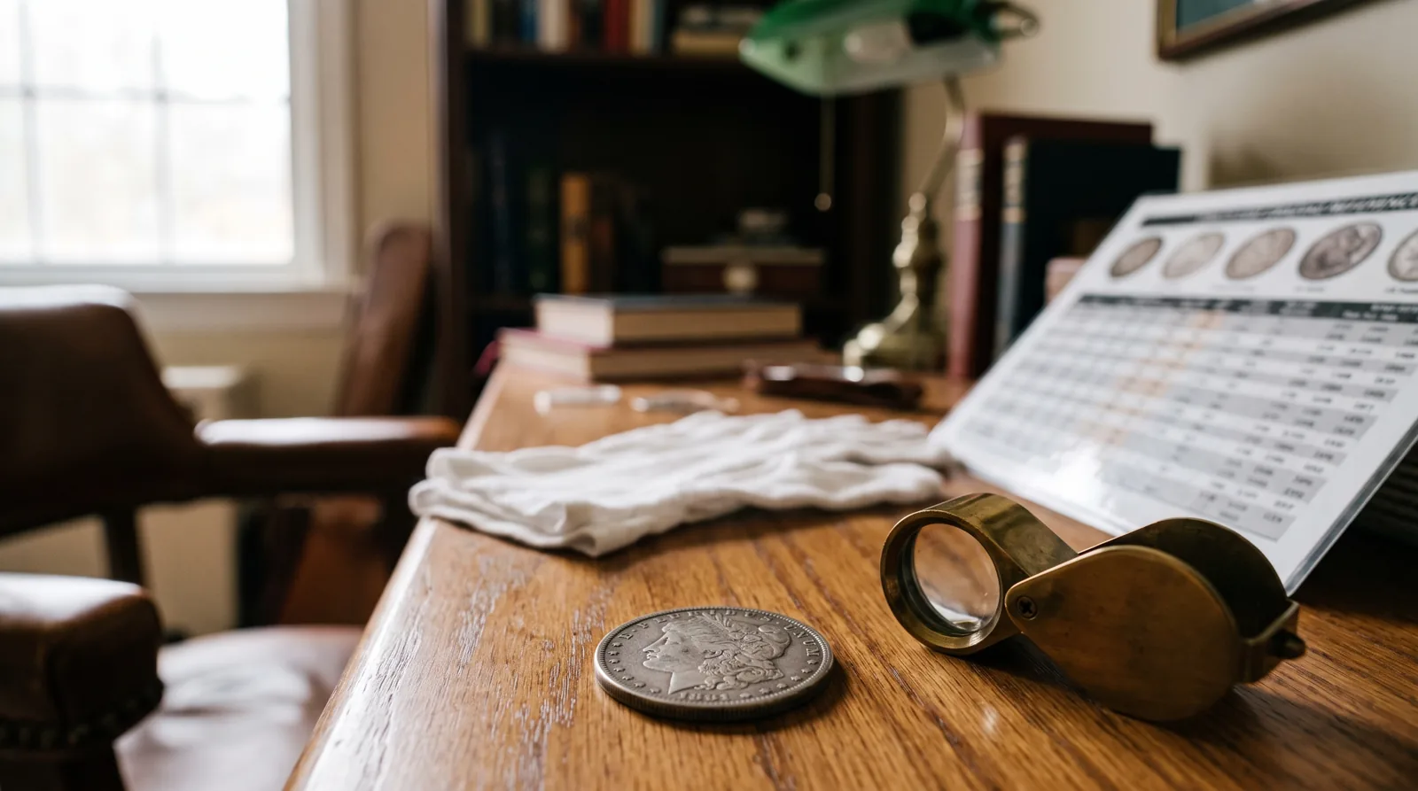 A collector examining a coin under a loupe against a printed grading reference