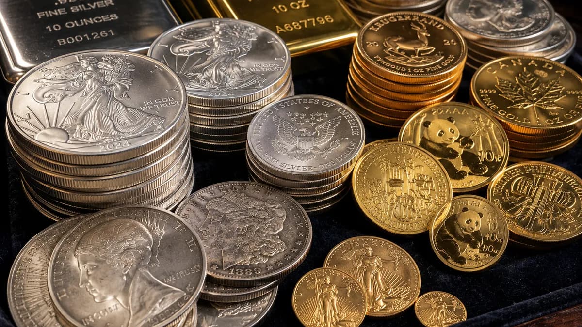 A coin shop display case with certified, graded U.S. coins in holders