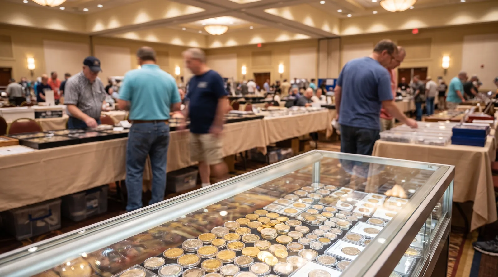 Collectors browsing dealer tables on a busy coin show bourse floor
