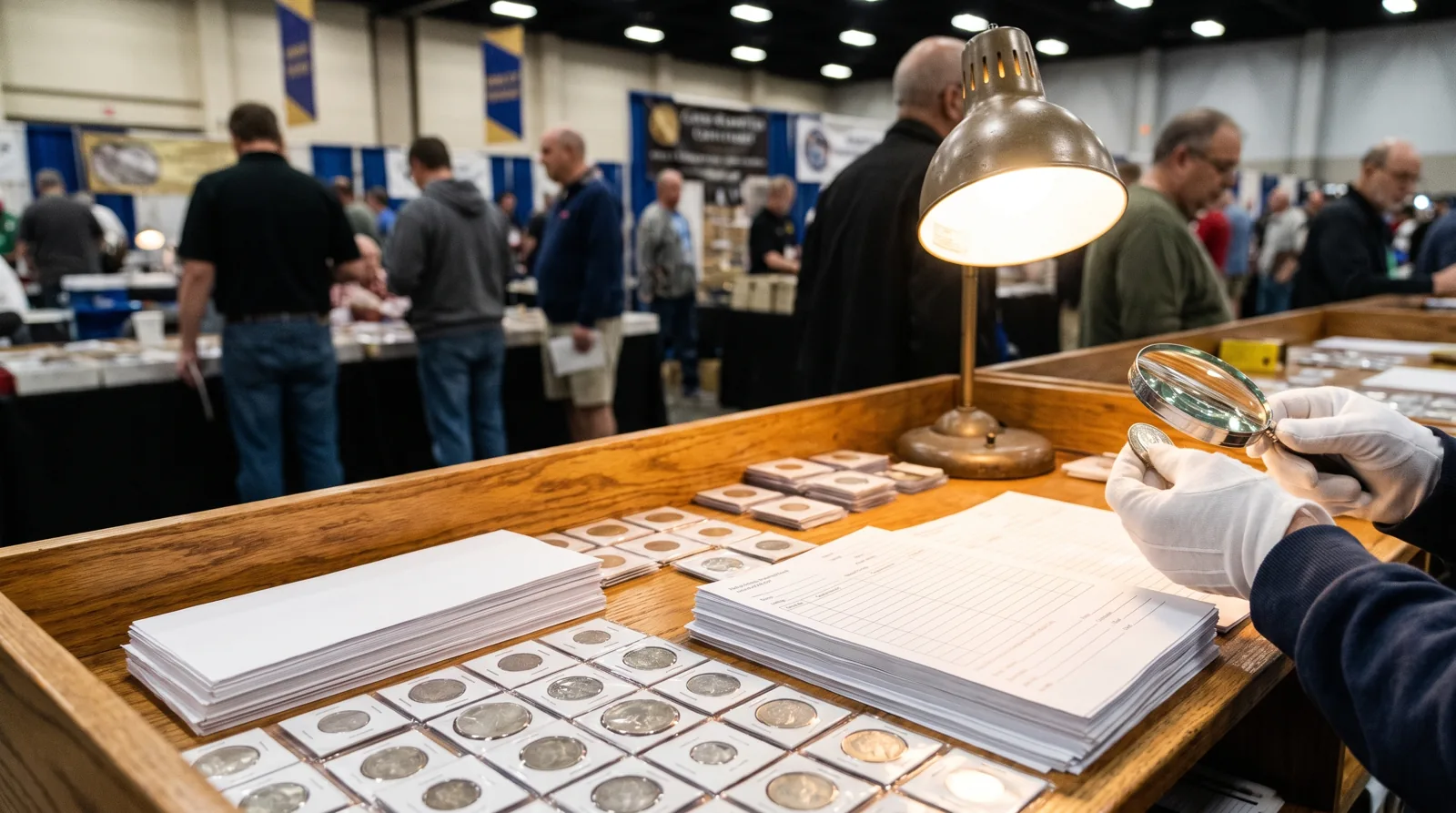 A third-party grading service table at a coin show accepting on-site submissions