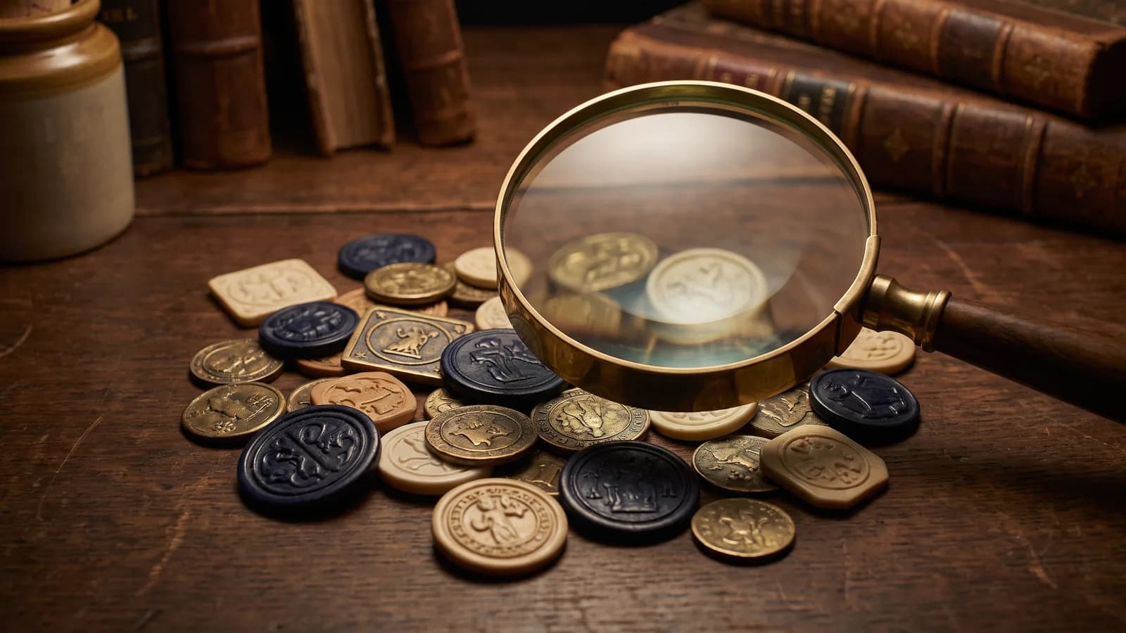A magnifying glass over an assortment of mixed collectible tokens on a desk