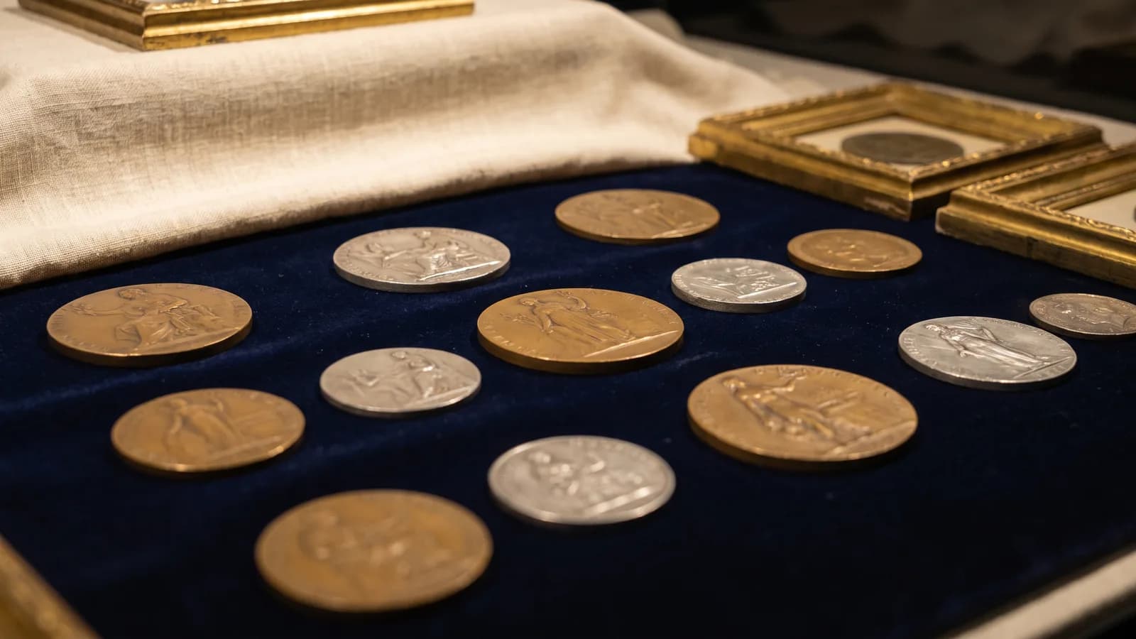Bronze and silver medals arranged on navy velvet