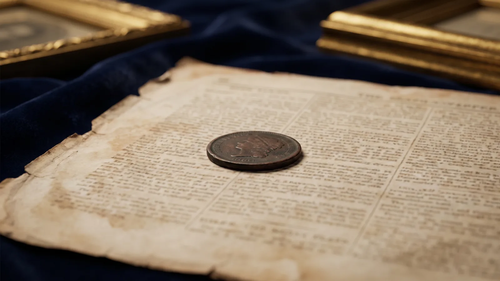 A copper token resting on a yellowed 1860s newspaper