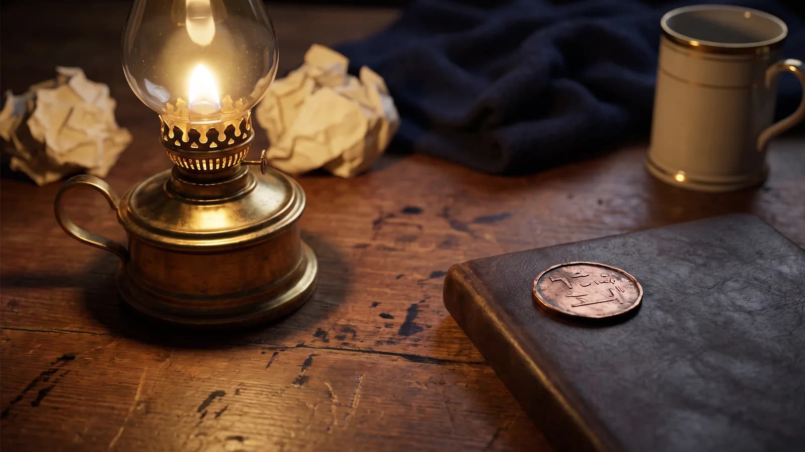 A dim study desk with a copper token near an oil lamp