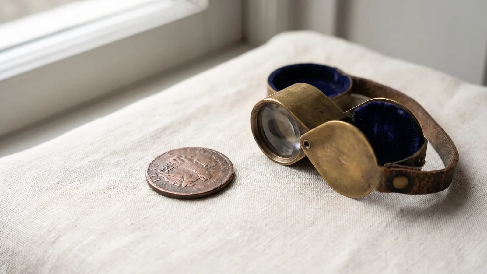 A copper Civil War token with a peace-theme legend beside a jeweler's loupe