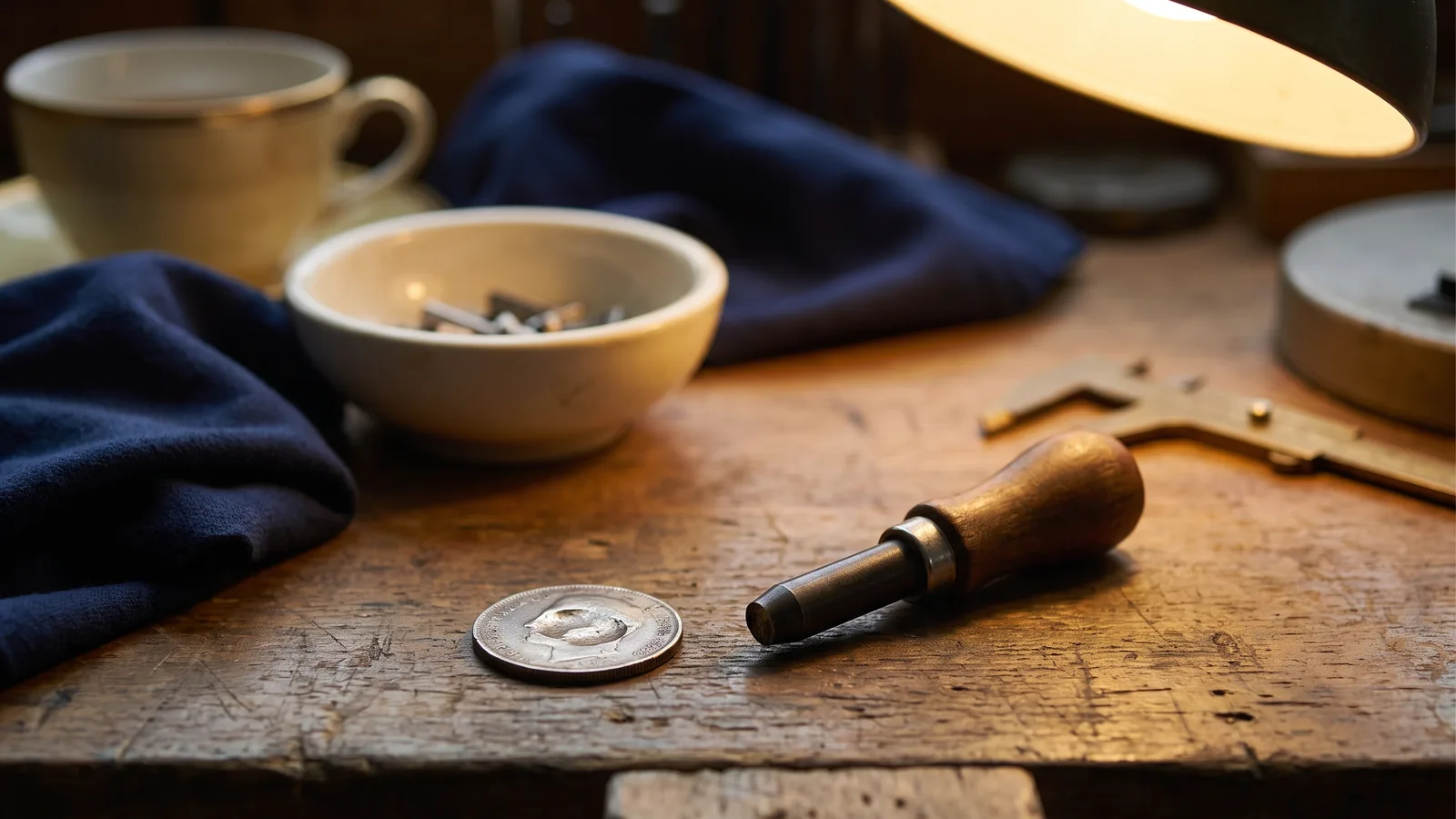 A steel punch beside a counterstamped coin