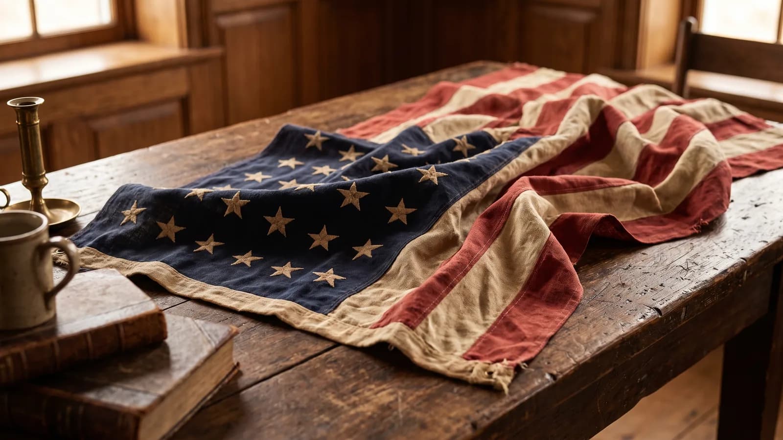 A furled 34-star Union flag draped over a wooden table