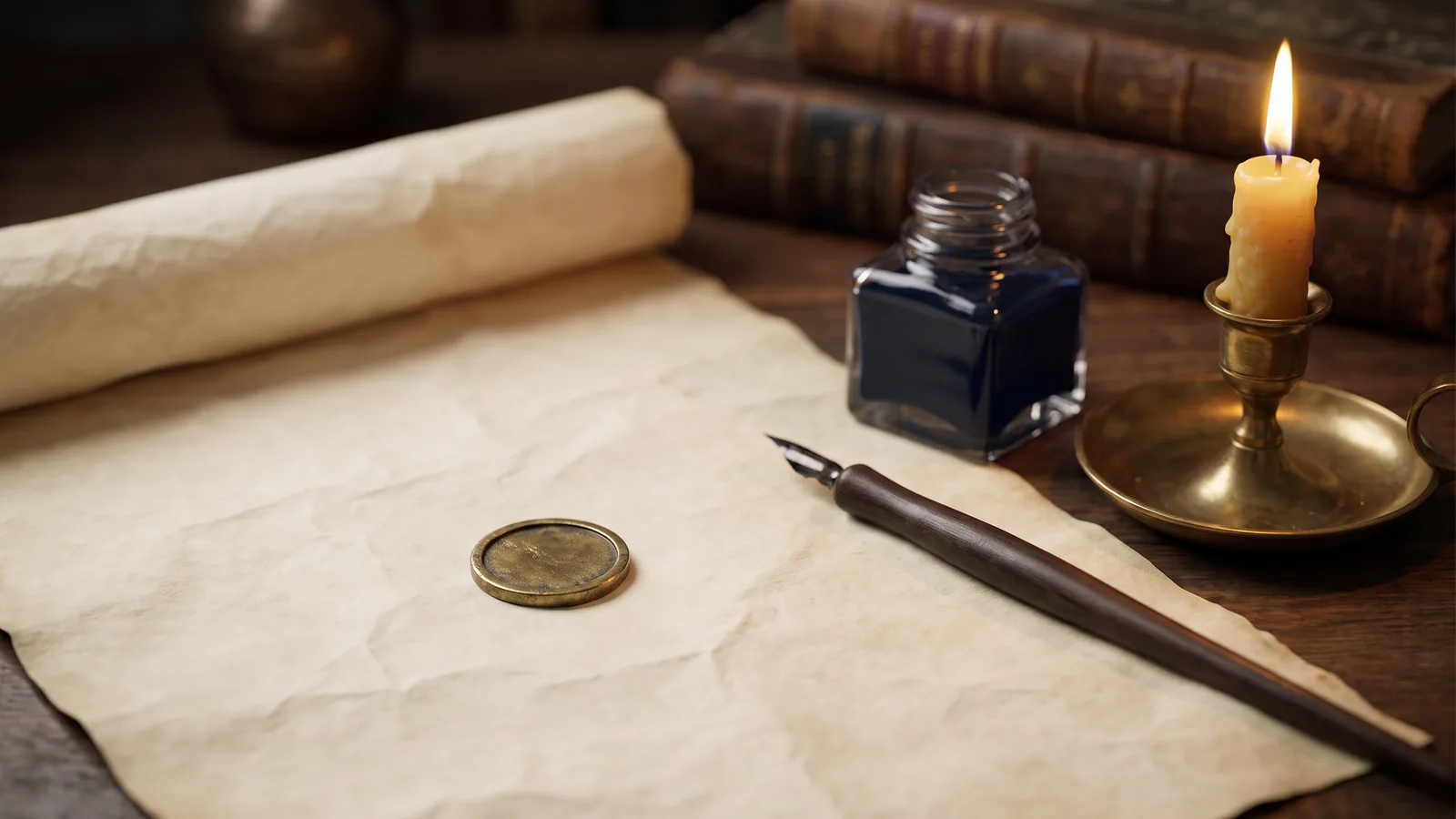 A small brass token on aged parchment beside a quill and inkwell