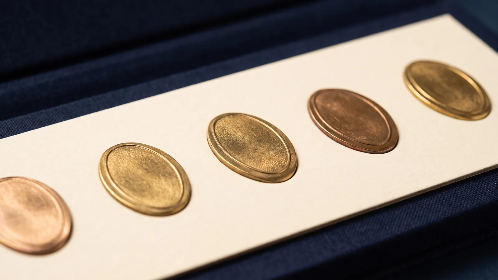 A row of elongated souvenir coins on a card