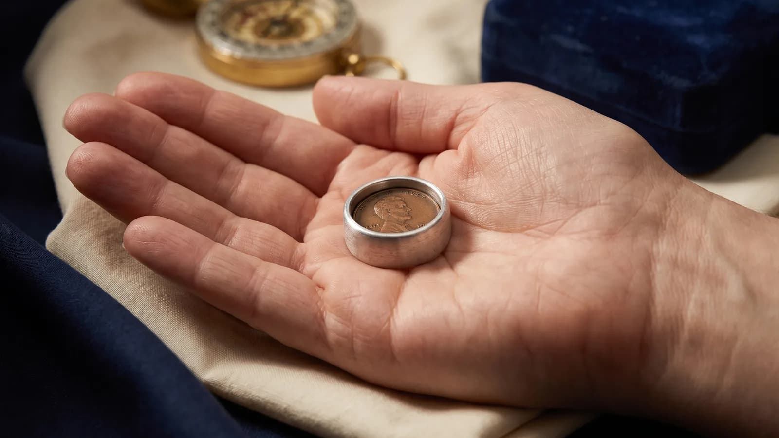 An encased cent good-luck piece in an open palm