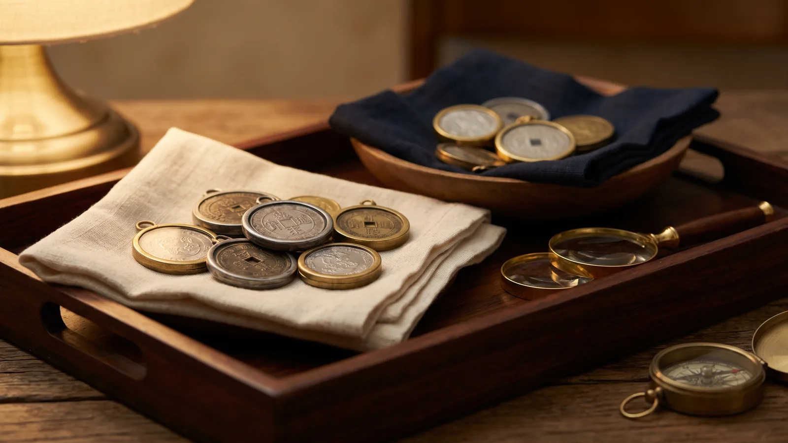 Several encased coins in a small wooden tray