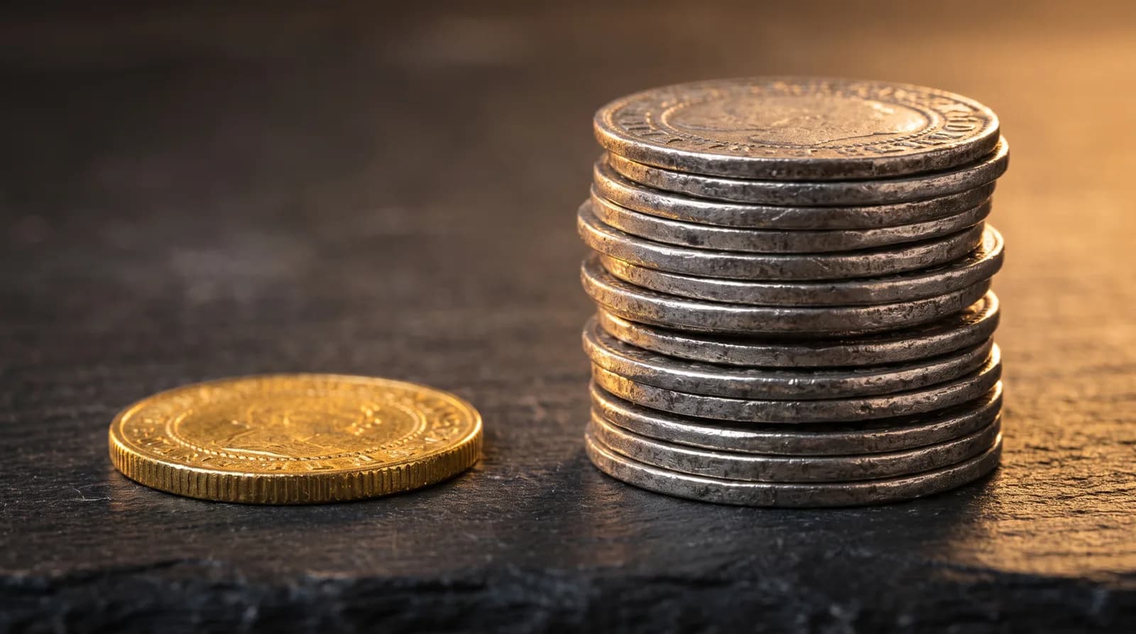 A gold coin beside a stack of silver coins illustrating the gold-silver ratio