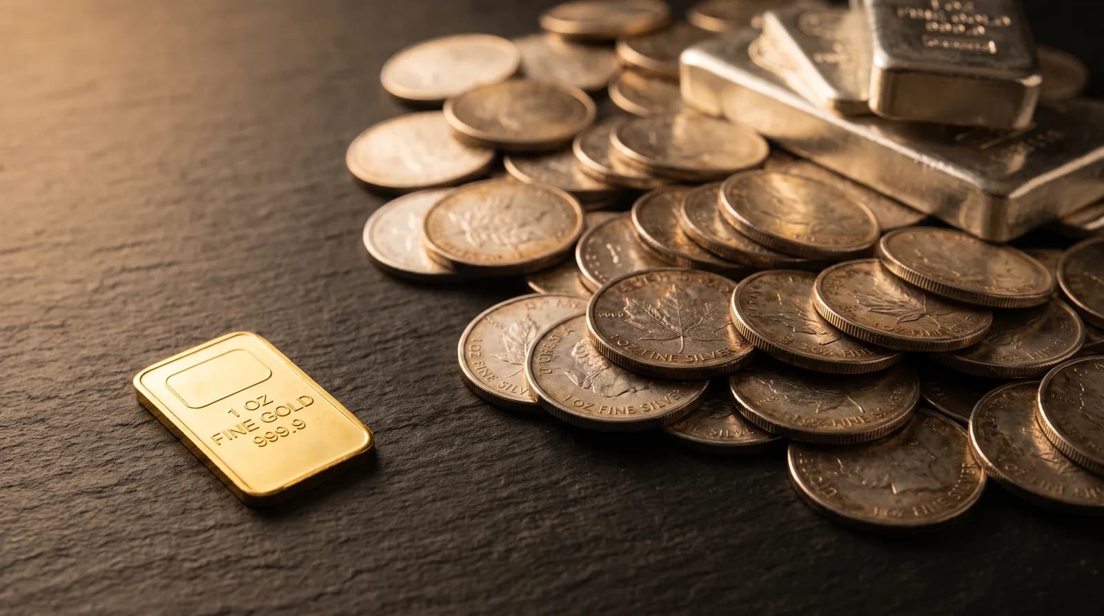 A small gold bar beside a much larger volume of silver showing the storage difference
