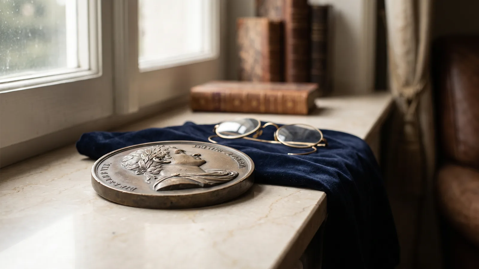 A large bronze portrait medal on a marble ledge