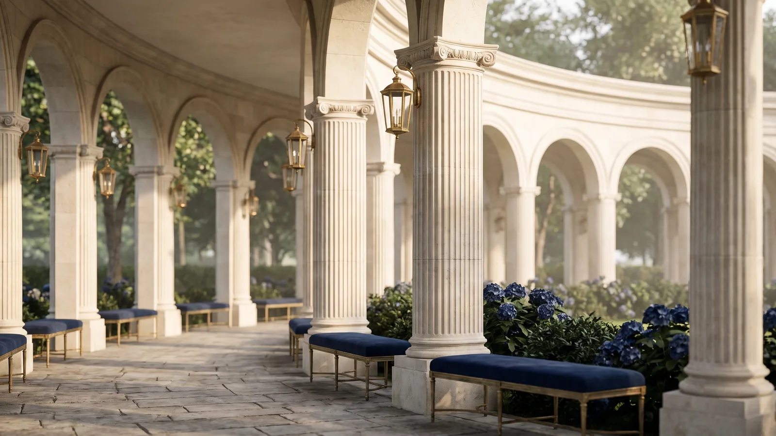A neoclassical stone colonnade of arches in daylight