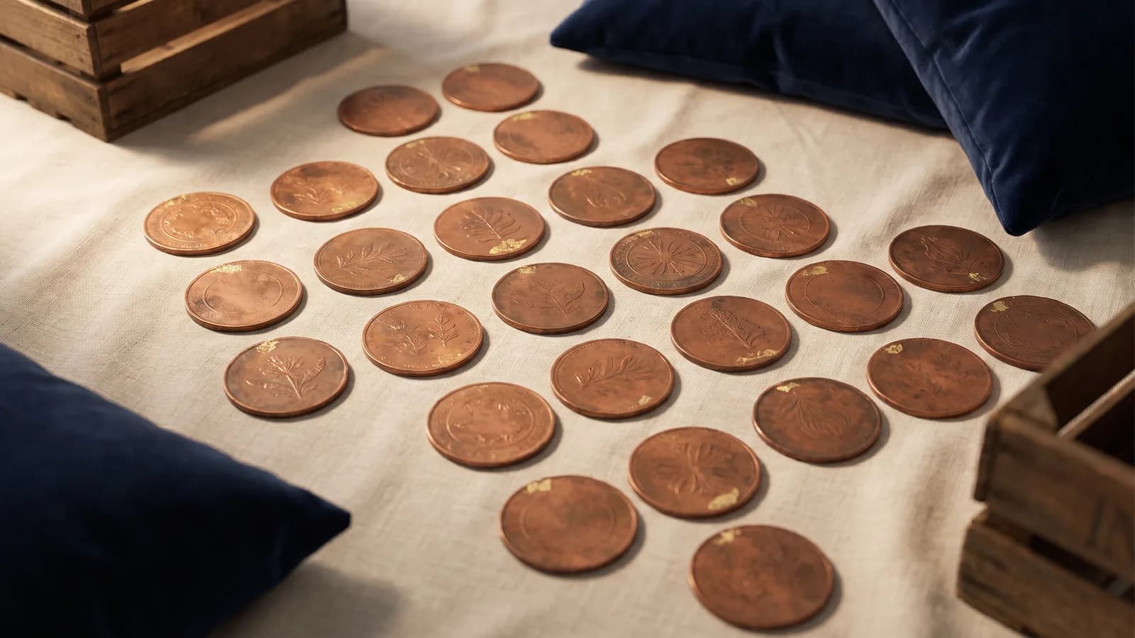A grid of large copper tokens with varied motifs